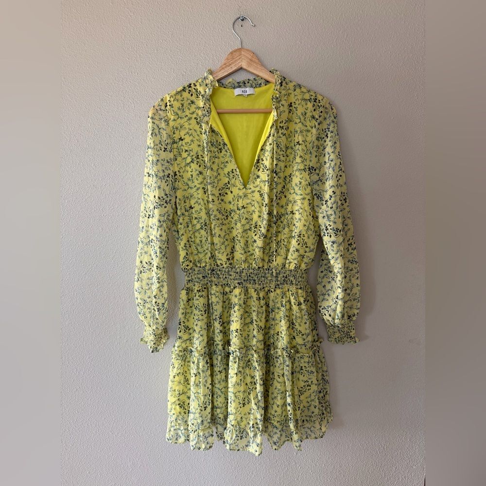 NSR Emma Floral Print Yellow Ruffle Long Sleeve Mini Dress Spring Size M